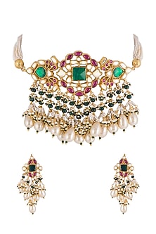 Gold Finish Kundan & Pearl Choker Necklace Set