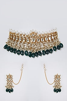 Gold Finish Green Drop Choker Necklace Set