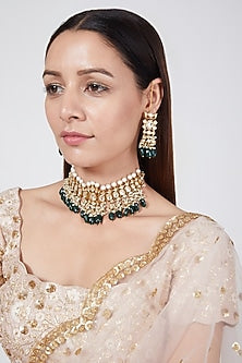 Gold Finish Green Drop Choker Necklace Set