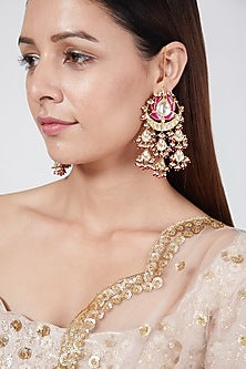 Gold Finish Pink Stone Earrings