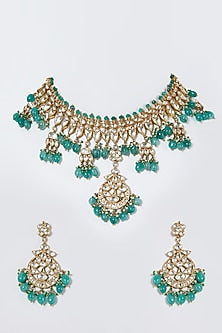Gold Finish Green Stone Choker Necklace Set