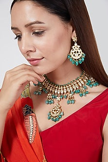Gold Finish Green Stone Choker Necklace Set