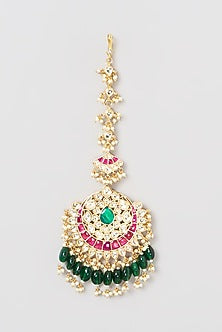 Gold Finish Kundan Polki & Pearl Maang Tikka