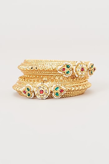 Gold Finish Kundan Polki Rajwadi Bangles (Set Of 2)