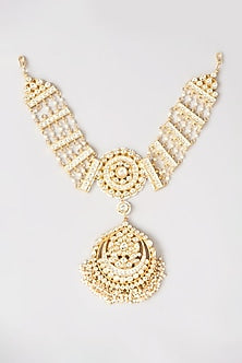 Gold Finish Kundan Polki & Pearl Drop Mathapatti