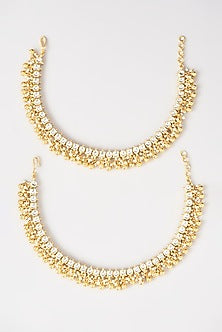Gold Finish Kundan Polki Anklets (Set Of 2)