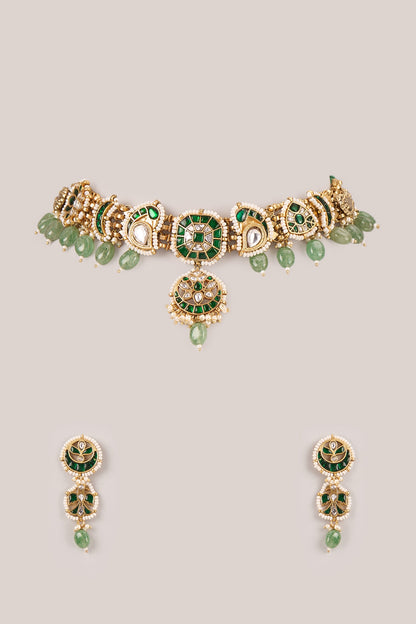 Antique Gold Finish Kundan Polki & Emerald Stone Necklace Set