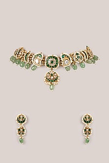 Antique Gold Finish Kundan Polki & Emerald Stone Necklace Set