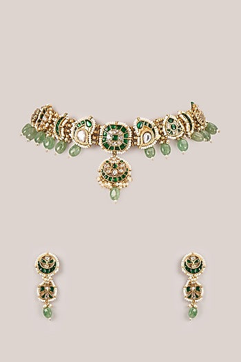 Antique Gold Finish Kundan Polki & Emerald Stone Necklace Set