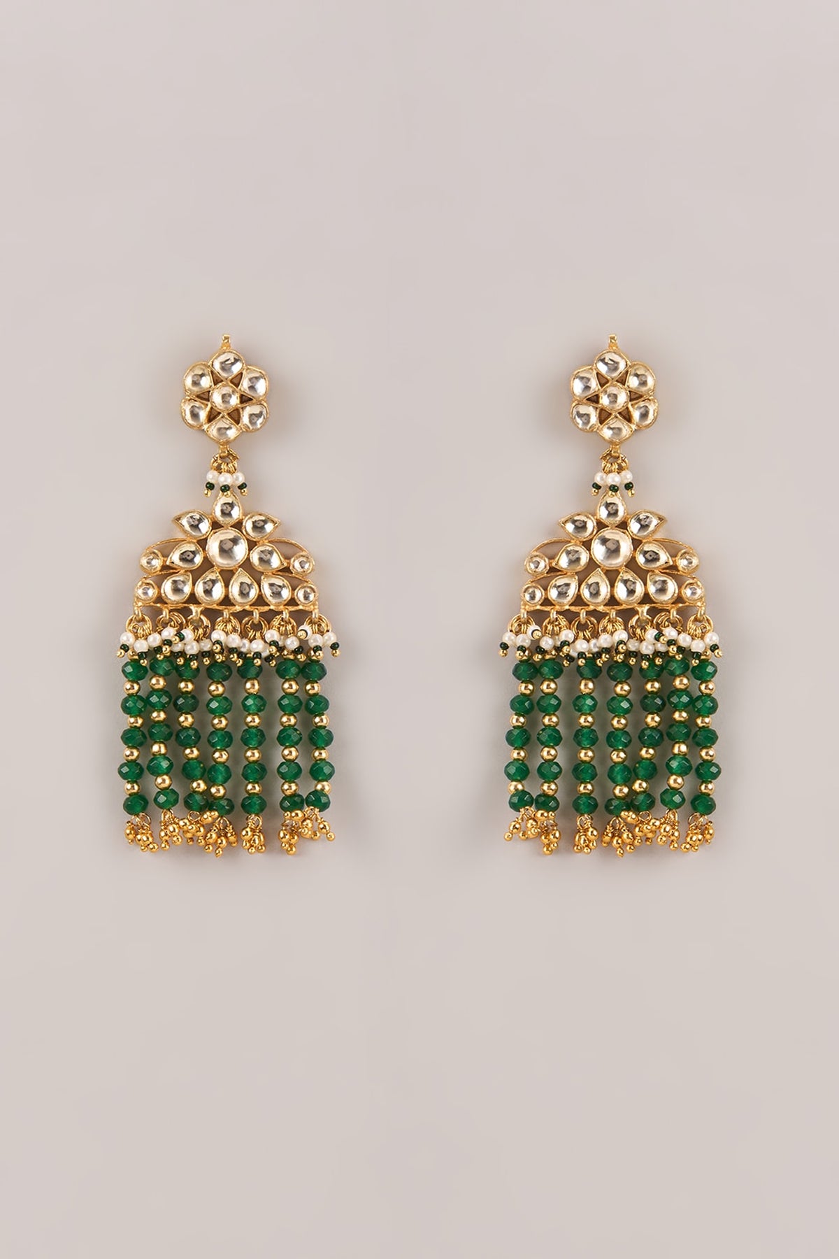 Gold Finish Floral Kundan Polki &  Green Beaded Chandeleir Earrings