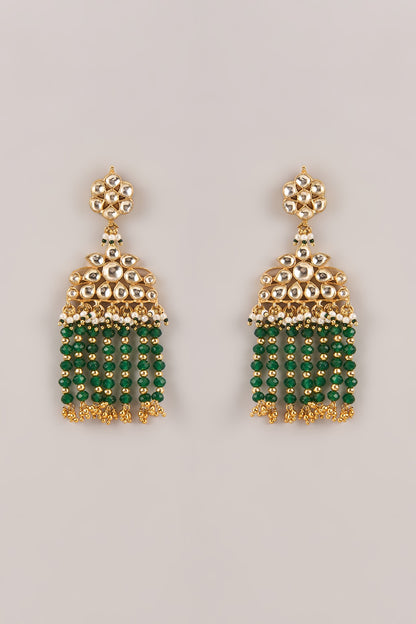 Gold Finish Floral Kundan Polki &  Green Beaded Chandeleir Earrings