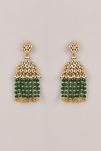 Gold Finish Floral Kundan Polki &  Green Beaded Chandeleir Earrings