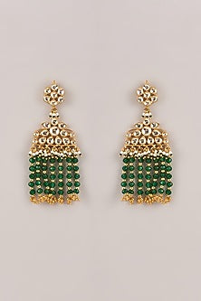 Gold Finish Floral Kundan Polki &  Green Beaded Chandeleir Earrings
