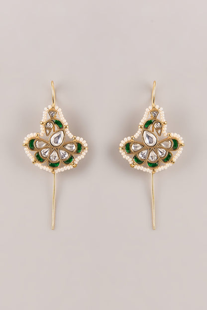 Gold Finish Kundan Polki & Seed Pearl Bugadi Floral Earrings