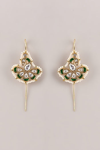 Gold Finish Kundan Polki & Seed Pearl Bugadi Floral Earrings