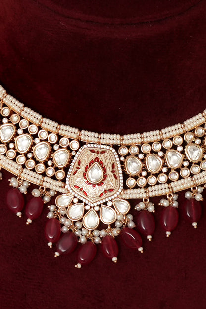 Gold Finish Kundan Polki Meenakari Necklace Set