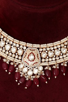 Gold Finish Kundan Polki Meenakari Necklace Set