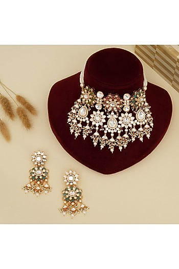 Gold Plated Kundan Polki & Multi-Colored Stone Choker Necklace Set