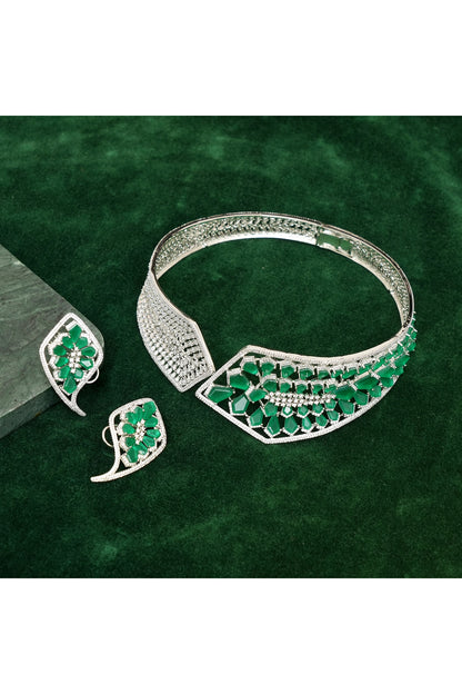 Gold Finish Zircon & Emerald Stone Hasli Necklace Set
