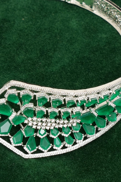 Gold Finish Zircon & Emerald Stone Hasli Necklace Set