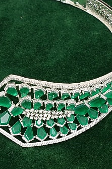 Gold Finish Zircon & Emerald Stone Hasli Necklace Set