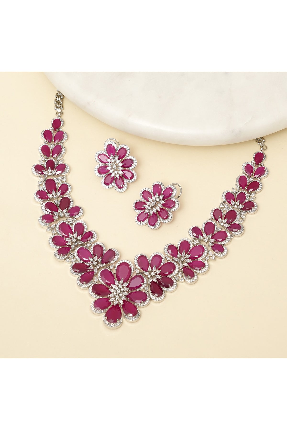 Silver Finish Zircon & Ruby Stone Necklace Set