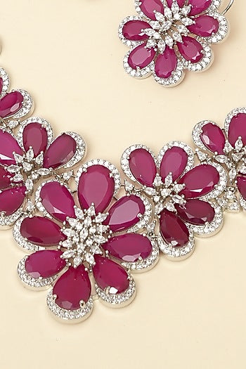 Silver Finish Zircon & Ruby Stone Necklace Set