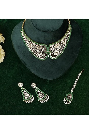 Silver Finish Zircon & Emerald Stone Necklace Set