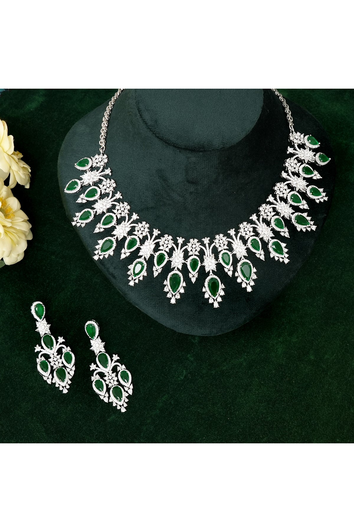 Silver Finish Zircon & Emerald Stone Necklace Set