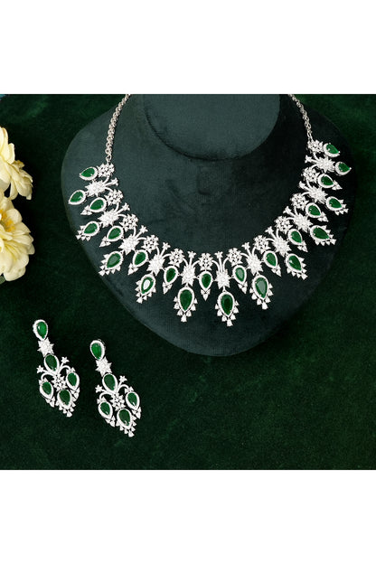 Silver Finish Zircon & Emerald Stone Necklace Set