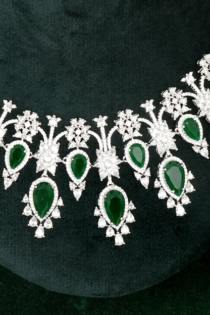Silver Finish Zircon & Emerald Stone Necklace Set