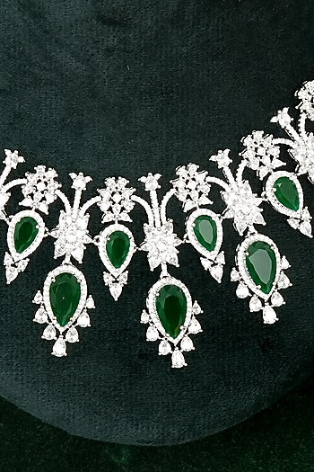 Silver Finish Zircon & Emerald Stone Necklace Set