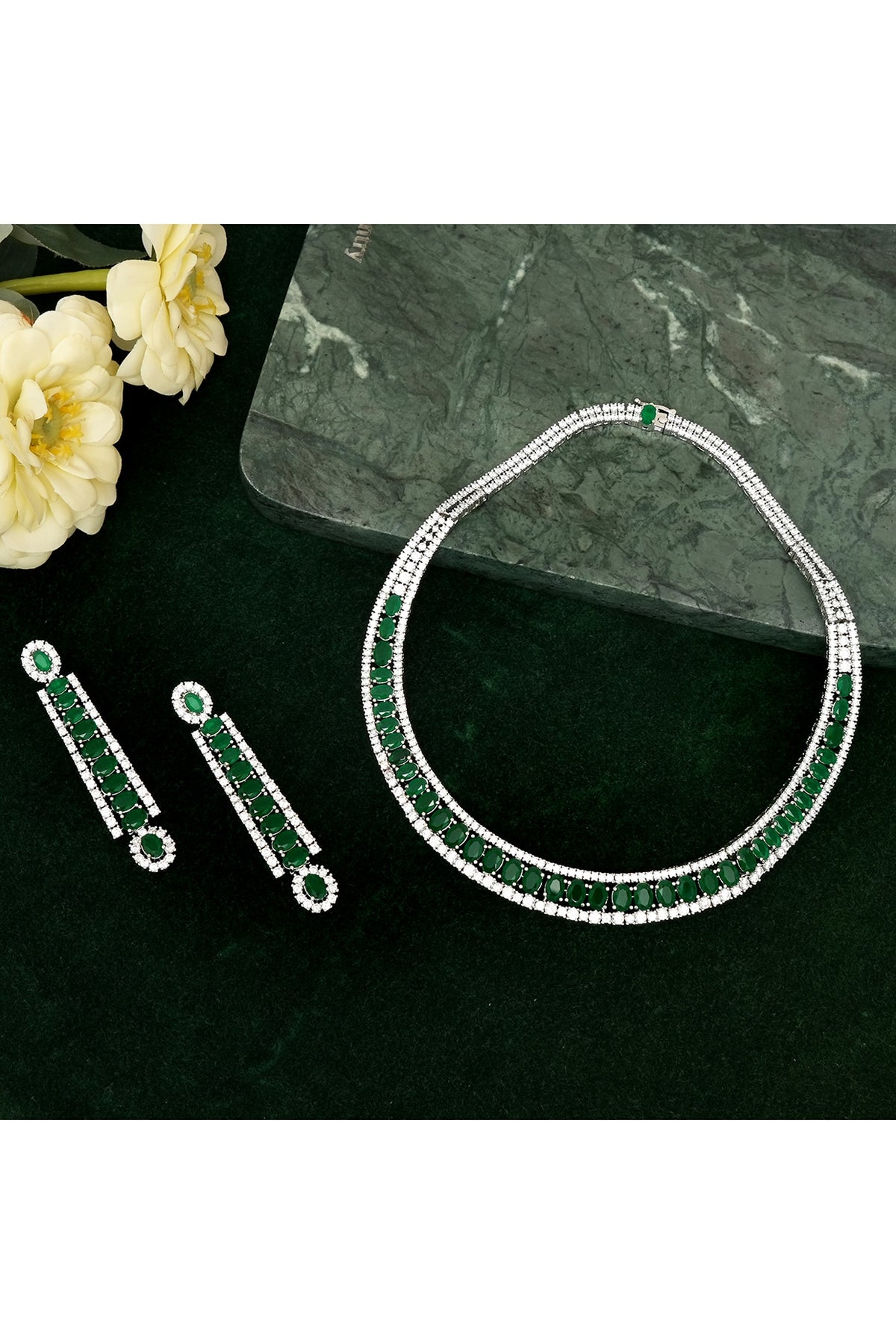 Silver Finish Zircon & Emerald Stone Necklace Set