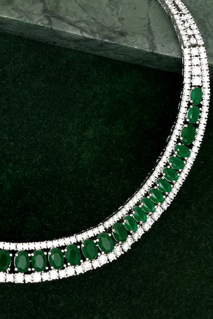 Silver Finish Zircon & Emerald Stone Necklace Set