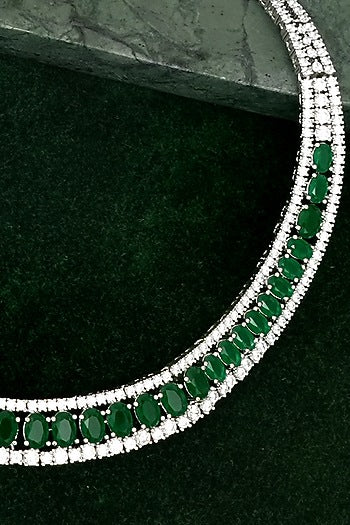 Silver Finish Zircon & Emerald Stone Necklace Set