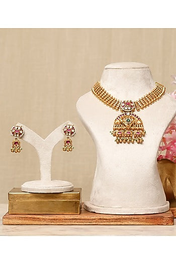 Gold Plated Kundan Polki & Multi-Colored Stone Necklace Set