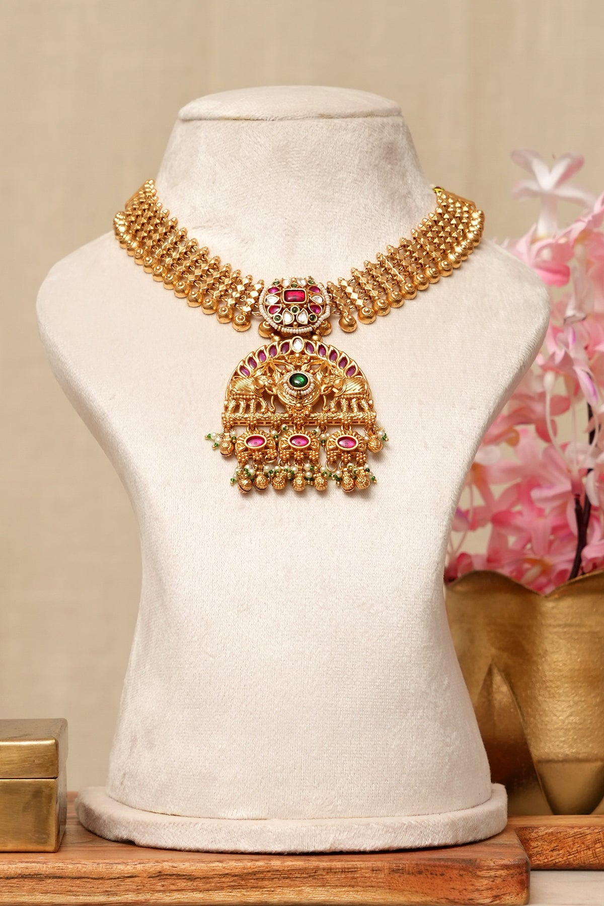 Gold Plated Kundan Polki & Multi-Colored Stone Necklace Set
