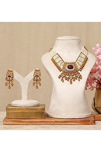 Gold Plated Kundan Polki & Multi-Colored Stone Necklace Set