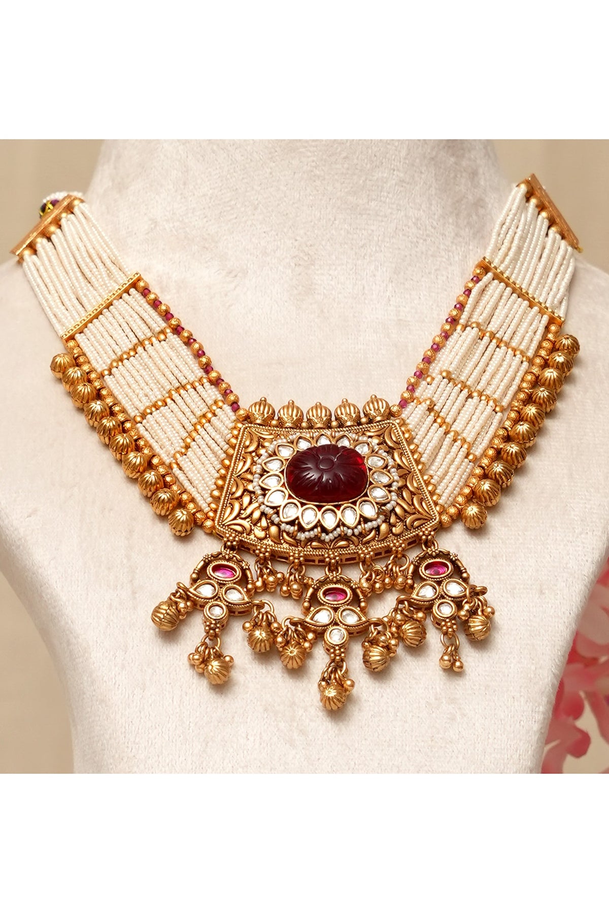 Gold Plated Kundan Polki & Multi-Colored Stone Necklace Set