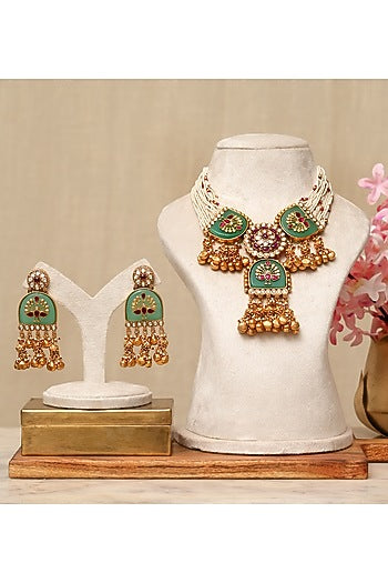 Gold Plated Kundan Polki & Multi-Colored Stone Necklace Set