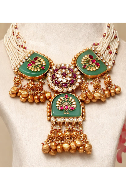 Gold Plated Kundan Polki & Multi-Colored Stone Necklace Set