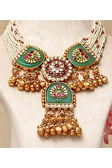 Gold Plated Kundan Polki & Multi-Colored Stone Necklace Set