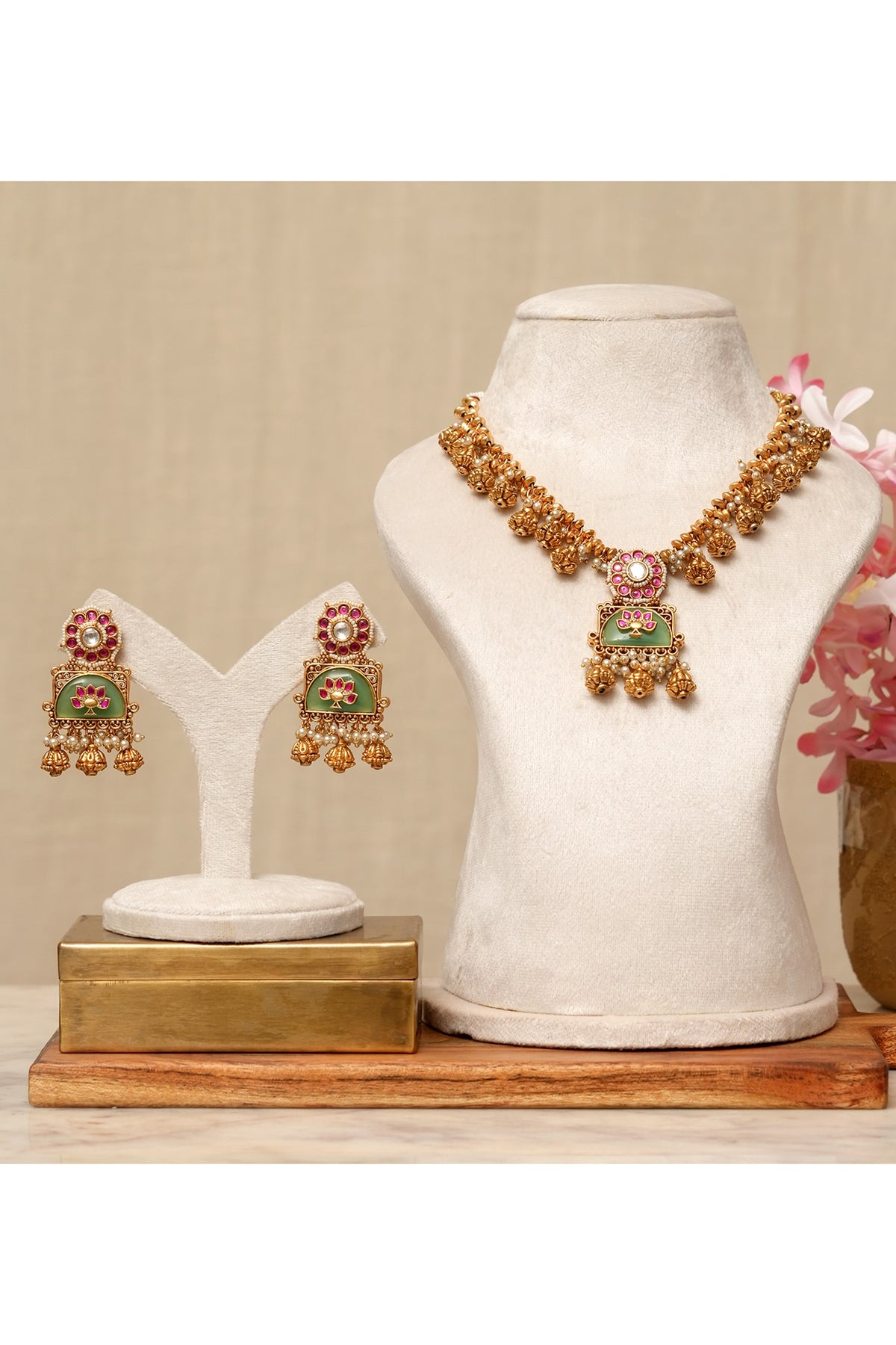 Gold Plated Kundan Polki & Multi-Colored Stone Necklace Set