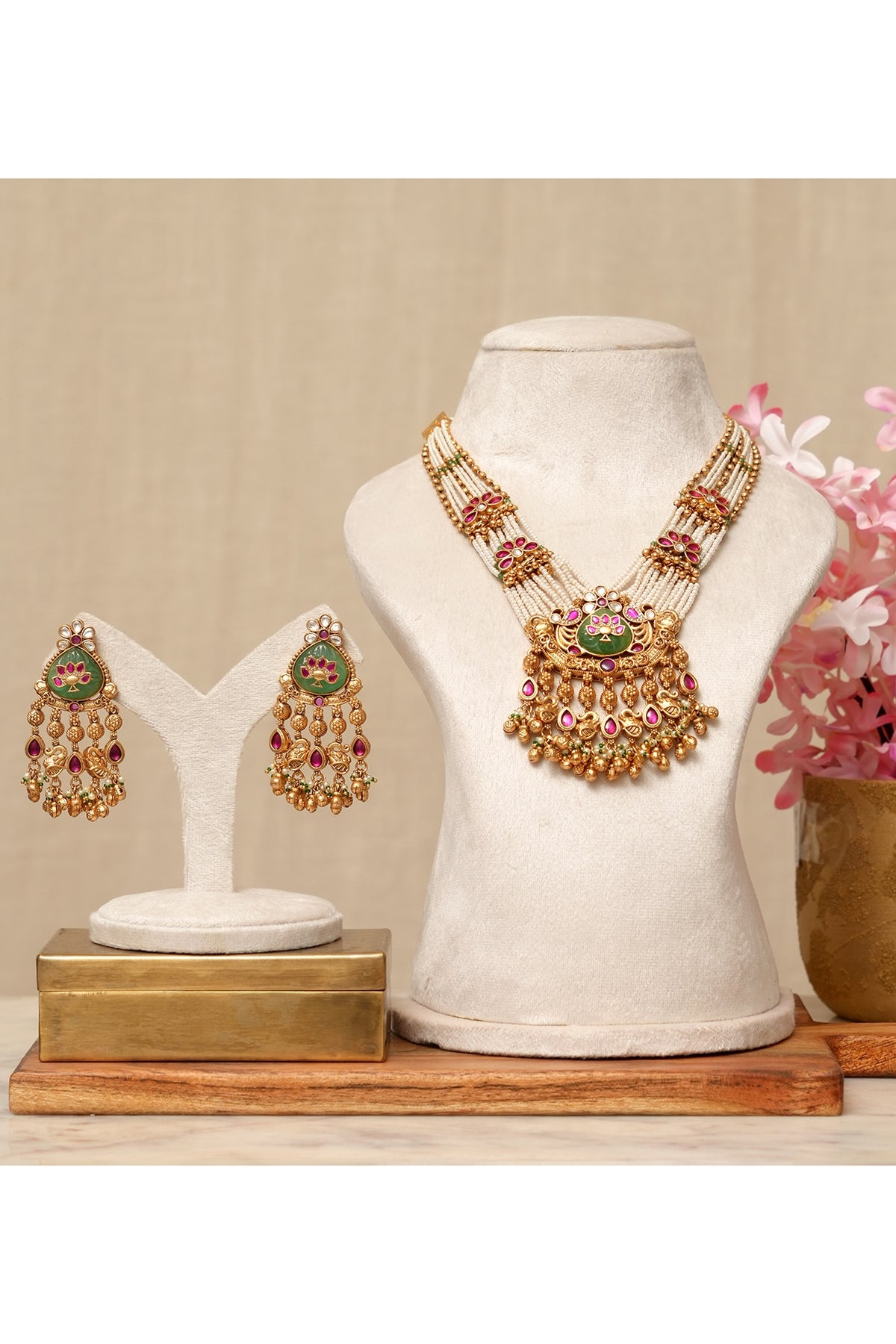 Gold Plated Kundan Polki & Multi-Colored Stone Necklace Set