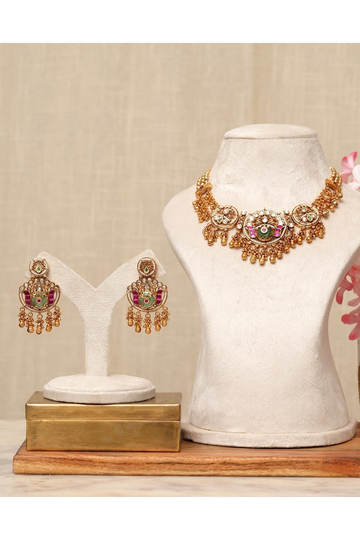 Gold Plated Kundan Polki & Multi-Colored Stone Necklace Set