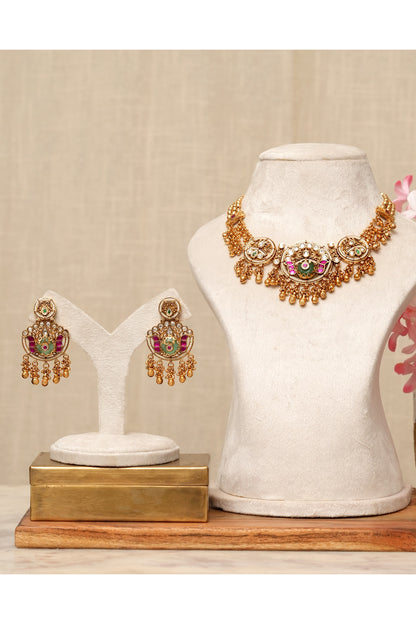 Gold Plated Kundan Polki & Multi-Colored Stone Necklace Set