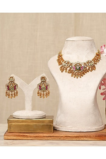 Gold Plated Kundan Polki & Multi-Colored Stone Necklace Set