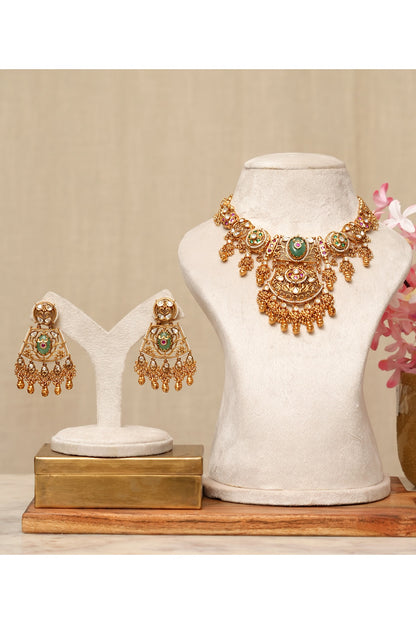 Gold Plated Kundan Polki & Multi-Colored Stone Necklace Set