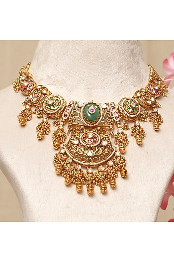 Gold Plated Kundan Polki & Multi-Colored Stone Necklace Set