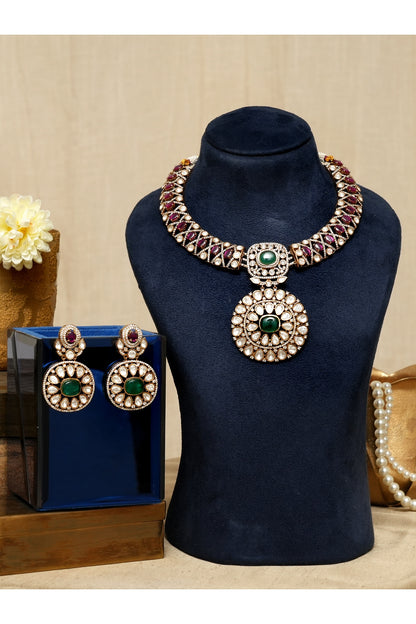 Gold Finish Kundan Polki & Ruby Stone Necklace Set